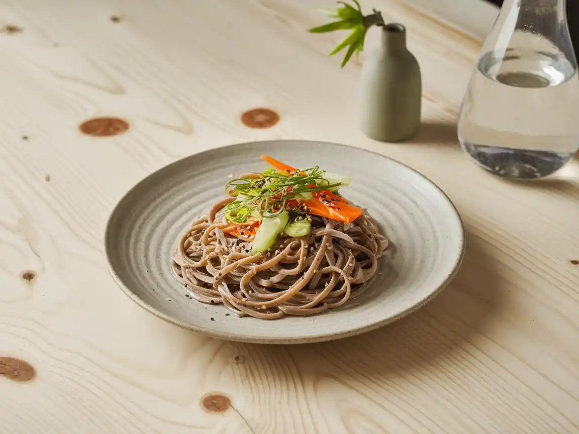 Das fertige Soba Pasta Rezept wird mit Sesamsamen und frischen Kräutern garniert serviert.