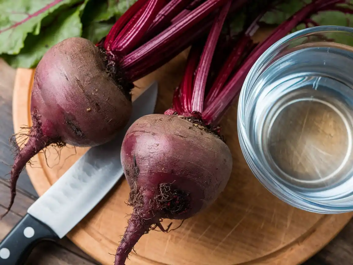 Zwei frische Rote Beten und ein Messer, bereit zum Garen für das Rote Bete Hummus