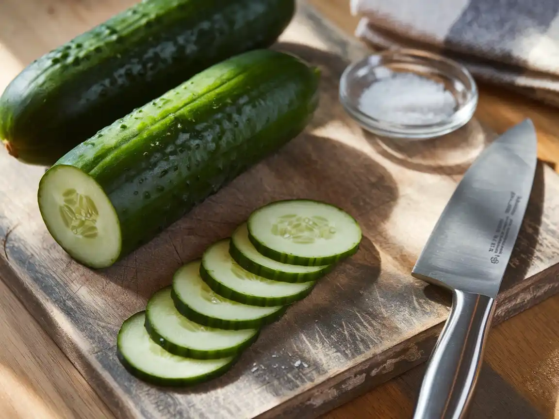 Frische Gurken auf einem Schneidebrett, dünn geschnitten für Dänischen Gurkensalat.