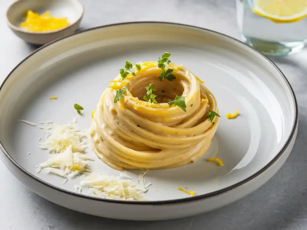 Das fertige Zitronen Pasta Rezept wird mit frischem Zitronenabrieb und Parmesan serviert.