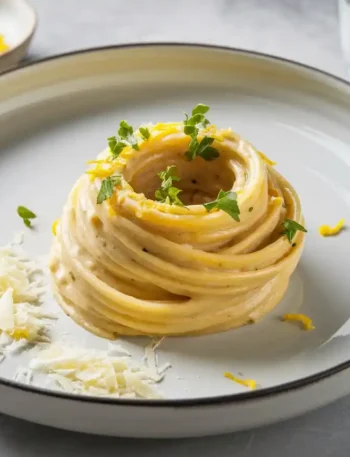 Das fertige Zitronen Pasta Rezept wird mit frischem Zitronenabrieb und Parmesan serviert.