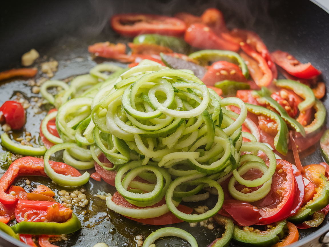 Zoodles werden mit sautiertem Gemüse für das Zucchini Pasta Rezept vermischt.