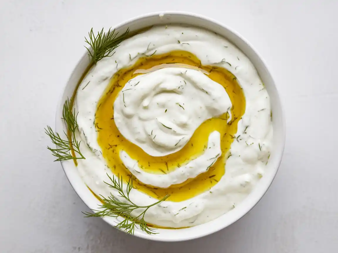 Fertiges Zaziki nach dem [Zaziki Rezept Original (Tzatziki)] mit Olivenöl und Dill garniert.