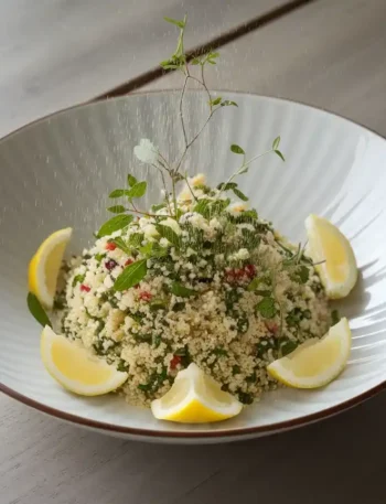 Stilvoll präsentierter türkischer Salat mit Couscous auf einem modernen Tisch