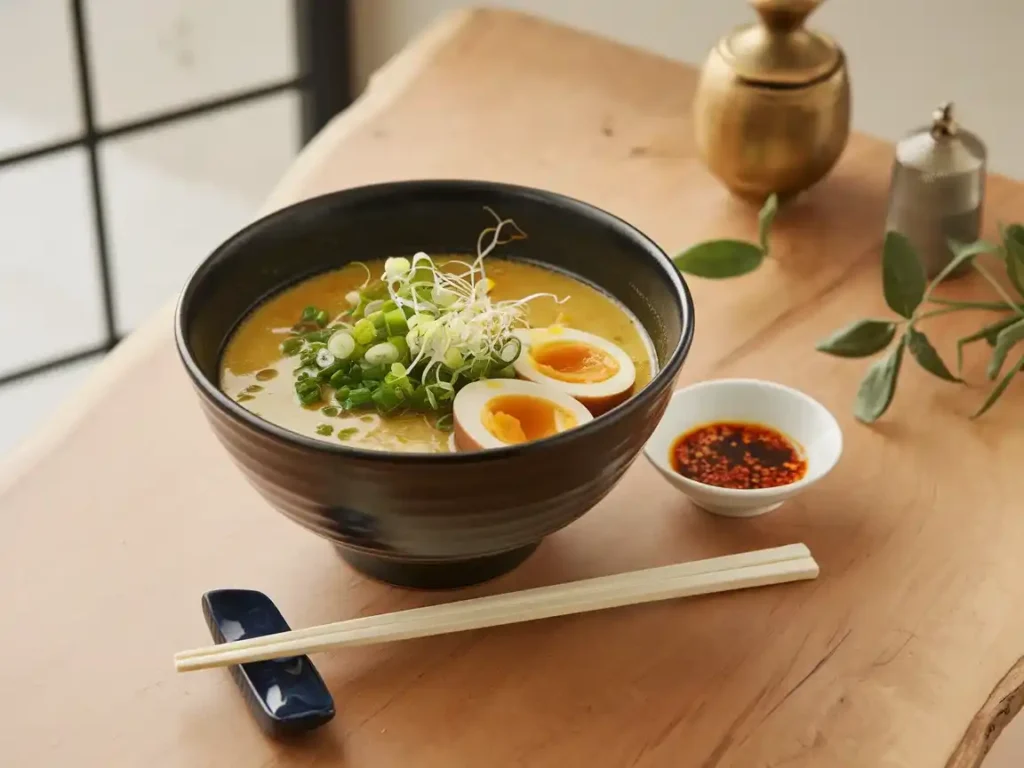 Ramen Suppe serviert auf einem modernen Tisch mit frischen Toppings.