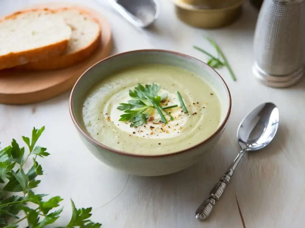 Vegetarische Käse Lauch Suppe serviert auf einem modernen Tisch mit frischen Kräutern.