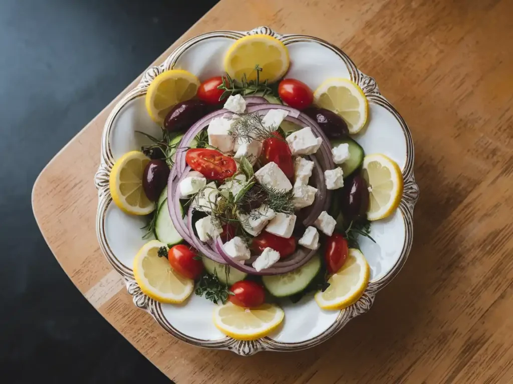 Stilvoll präsentierter Griechischer Salat Feta auf einem modernen Tisch mit frischen Zutaten.