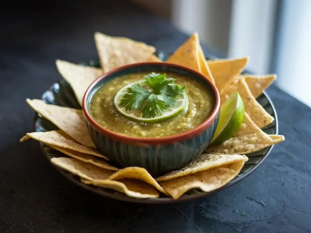  Stilvoll präsentierte Mexican Salsa Verde in einer Schüssel mit Tortilla-Chips auf einem modernen Tisch