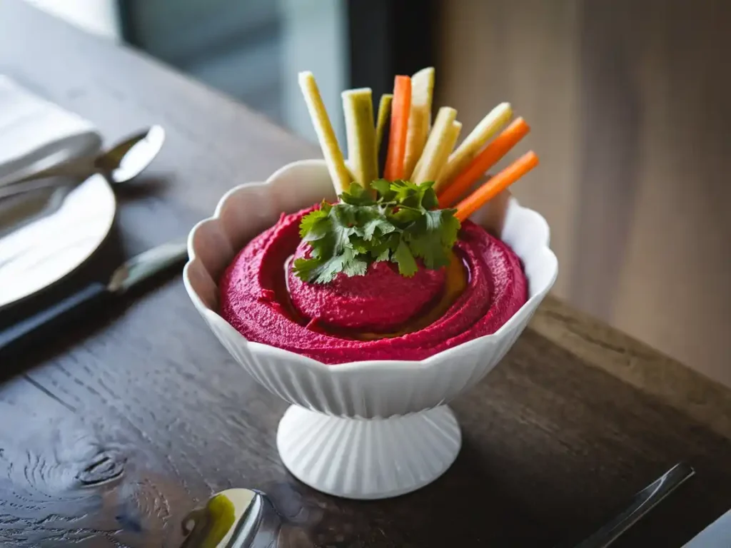 Rote Bete Hummus in einer modernen Schale auf einem stilvollen Tisch mit Gemüsesticks