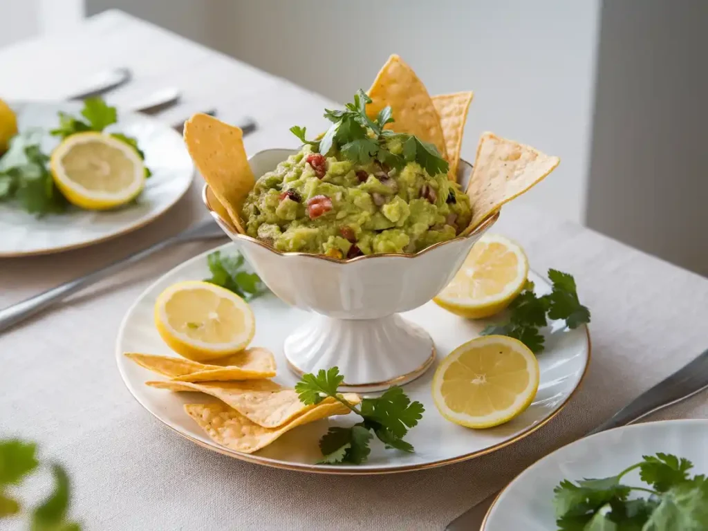 Stilvoll präsentierte Guacamole auf einem modernen Tisch für das Guacamole einfaches Rezept