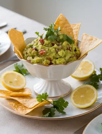 Stilvoll präsentierte Guacamole auf einem modernen Tisch für das Guacamole einfaches Rezept