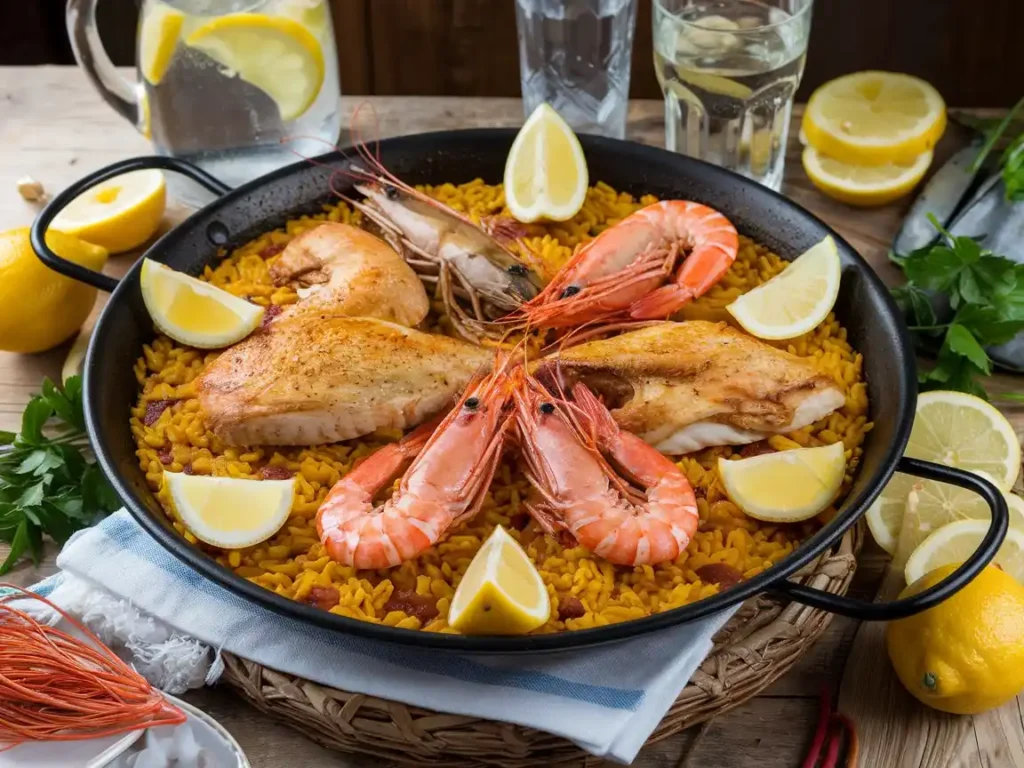 Festliche Paella Pfanne mit Hähnchen, Garnelen und Zitronenscheiben, umgeben von Beilagen