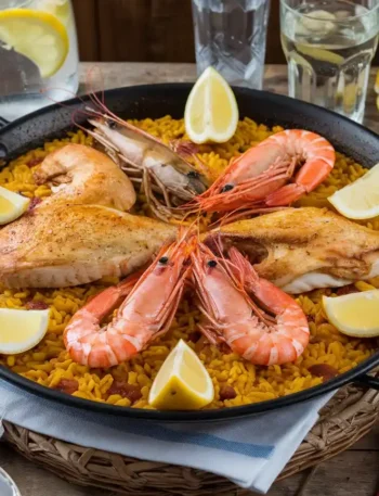 Festliche Paella Pfanne mit Hähnchen, Garnelen und Zitronenscheiben, umgeben von Beilagen