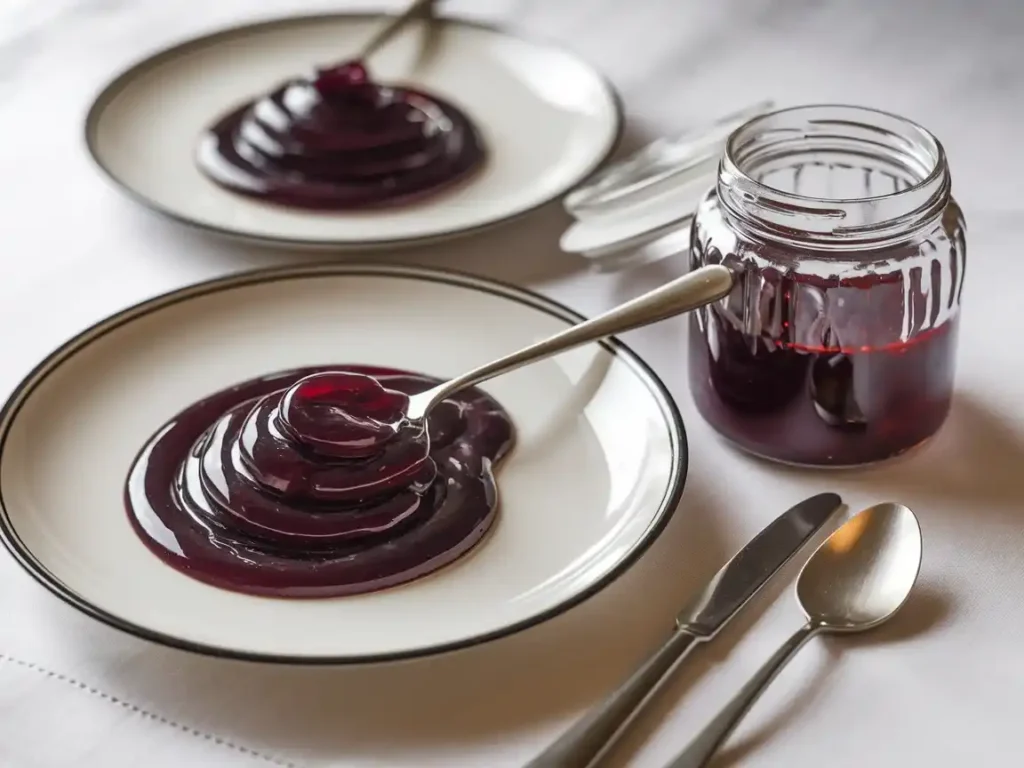 Zwetschgenmarmelade mit Lavendel auf einem Teller mit einem Glas Marmelade und einem Löffel daneben.