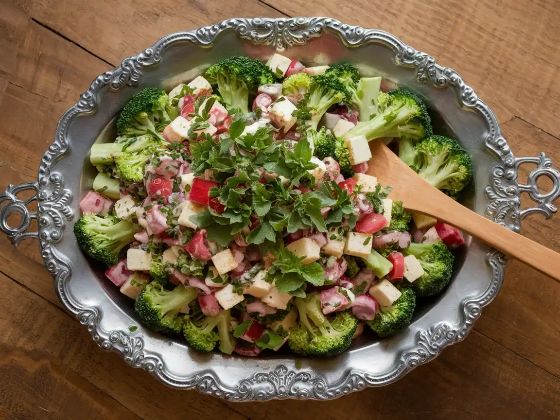 Brokkoli Salat roh serviert auf einer eleganten Servierplatte