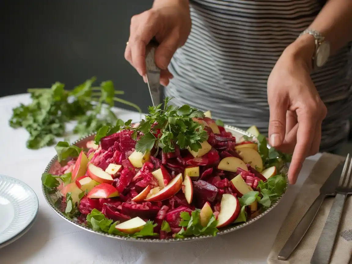 Rote Bete Apfel Salat serviert auf einer großen Platte