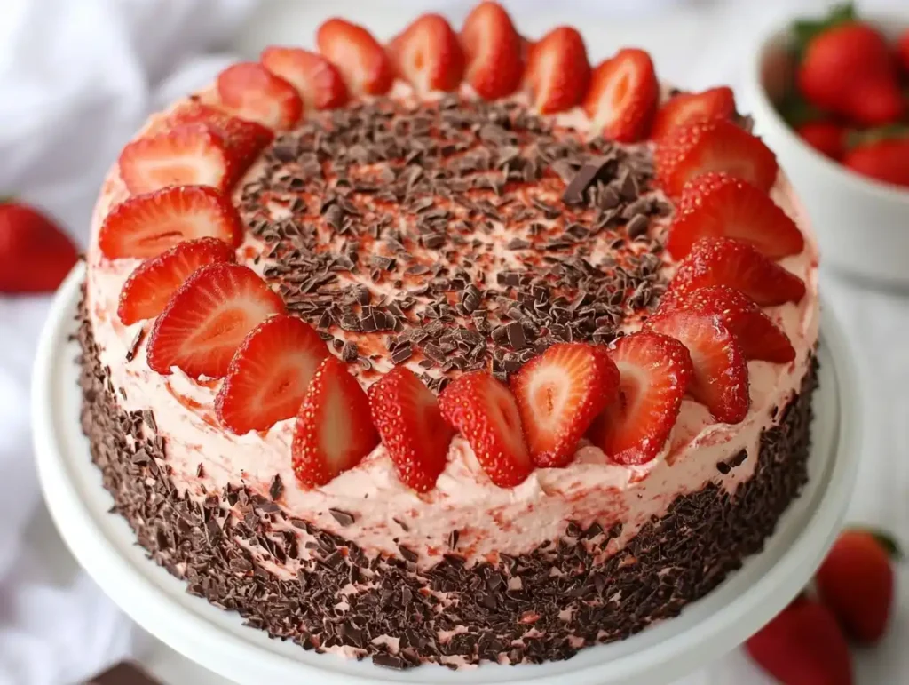 Erdbeertorte Schoko auf Kuchenständer dekoriert mit Erdbeeren