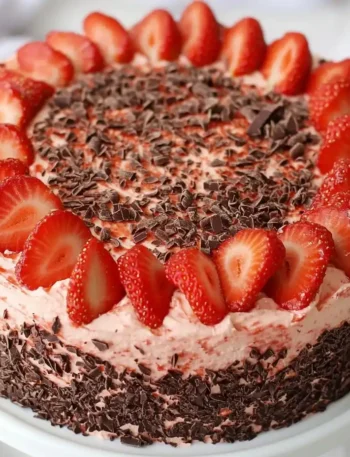 Erdbeertorte Schoko auf Kuchenständer dekoriert mit Erdbeeren