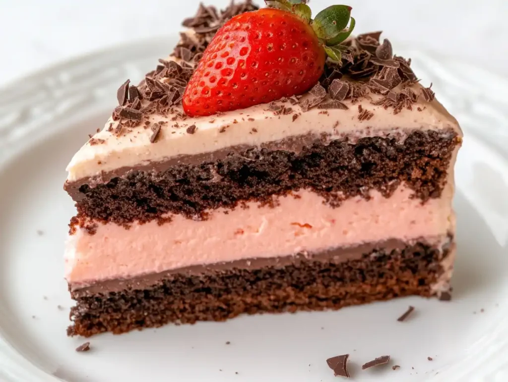Erdbeertorte Schoko auf einem Teller, mit Schokoboden und Erdbeercreme