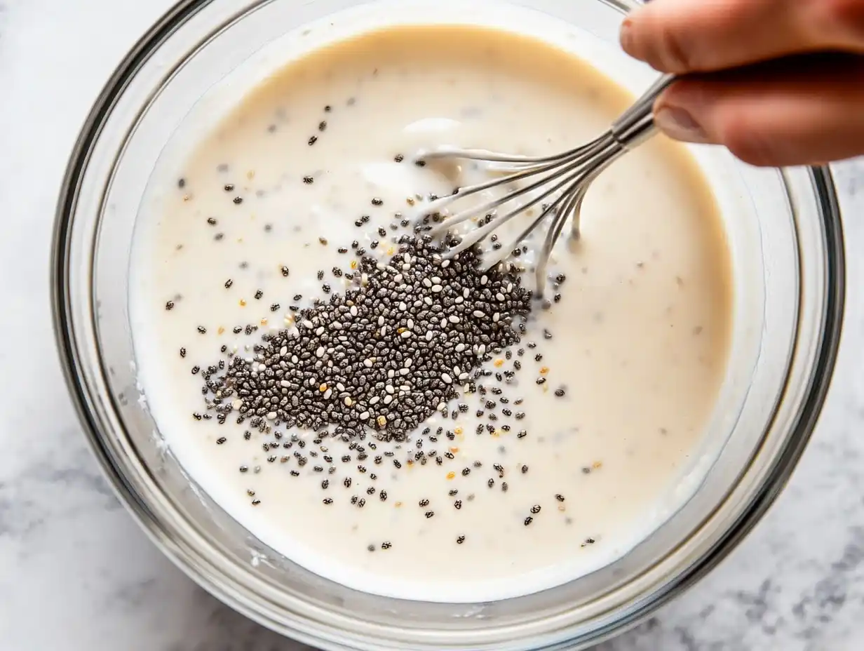 Chiasamen mit Kokosmilch vermengen für Chia Pudding Kokosmilch