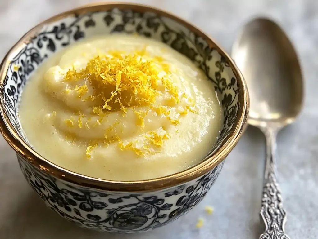 Zitronencreme DDR ohne Gelatine – rustikal serviert mit Zitronenzeste und Blüte.
