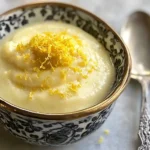 Zitronencreme DDR ohne Gelatine – rustikal serviert mit Zitronenzeste und Blüte.