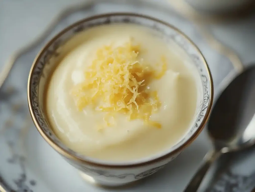 Zitronencreme DDR ohne Gelatine – serviert mit Minze und Zitronenscheibe.