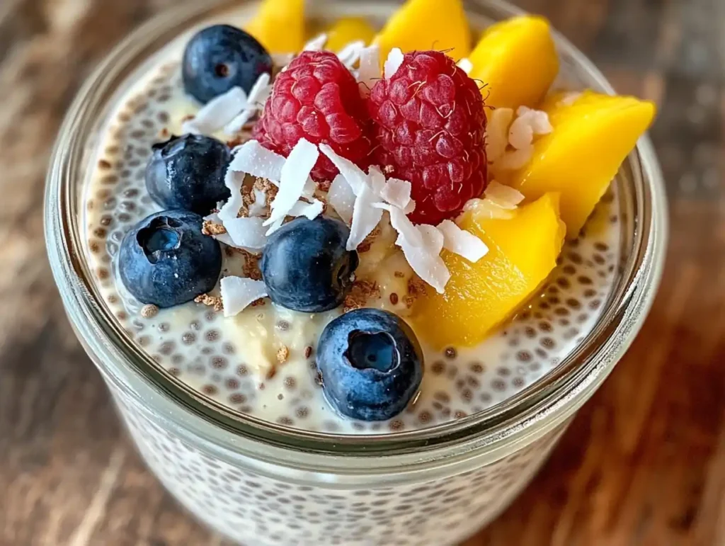 Chia Pudding Kokosmilch mit Beeren, mango und Kokosflocken