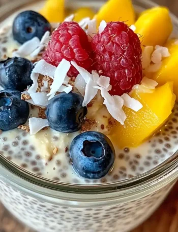 Chia Pudding Kokosmilch mit Beeren, mango und Kokosflocken
