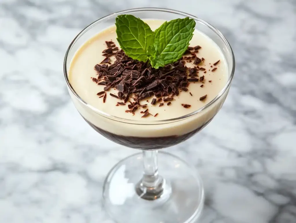 Mascarpone Creme Schoko im Glas mit Schokoladenflocken und Löffel