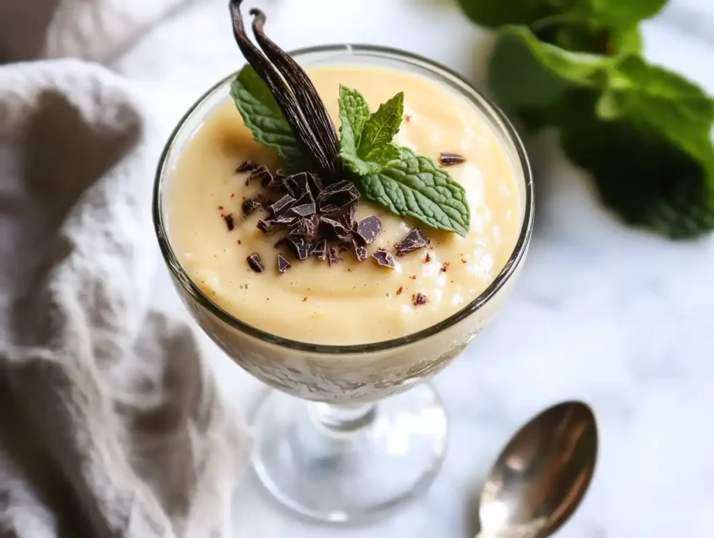 Vanillepudding vegan im Glas mit Vanilleschote und Minze