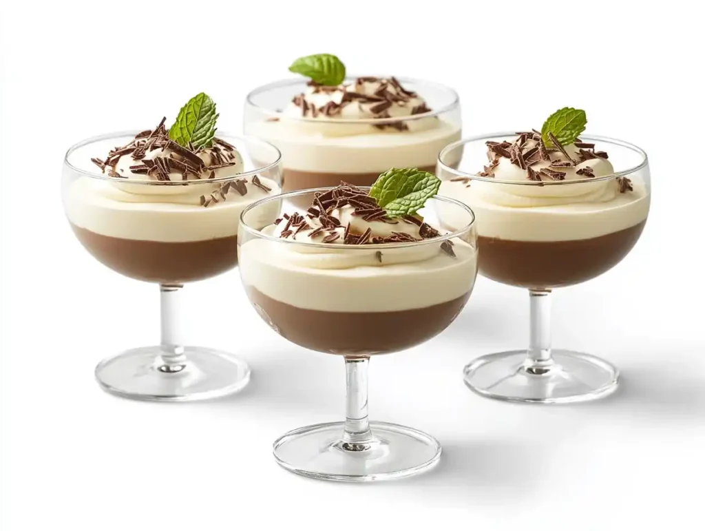 Mascarpone Creme Schoko im Glas mit Schokoraspeln und Minze