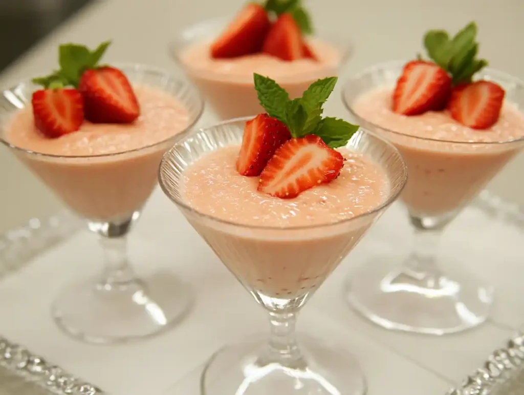 Creme Erdbeeren im Glas mit Erdbeerscheibe und Minze