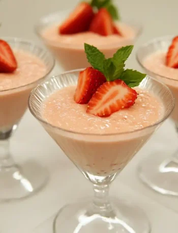 Creme Erdbeeren im Glas mit Erdbeerscheibe und Minze