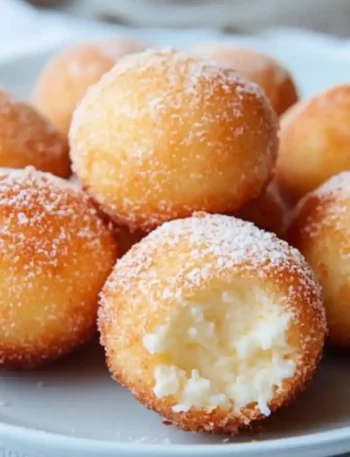 Nahaufnahme von kugelrunden Quarkbällchen nach Omas Rezept mit Puderzucker auf einem minimalistischen Teller.