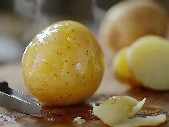 Nahaufnahme einer frisch geschälten Kartoffel für Beilage Wiener Schnitzel.