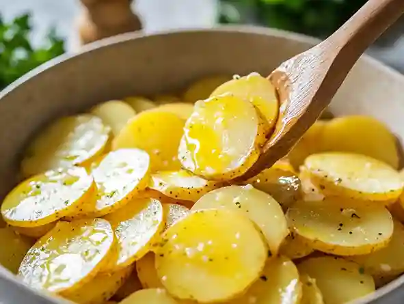 Nahaufnahme von marinierten Kartoffeln für Beilage Wiener Schnitzel.