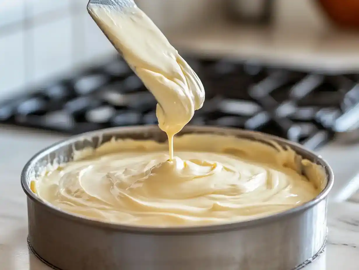 Glutenfreier Tortenboden-Teig in die Springform füllen