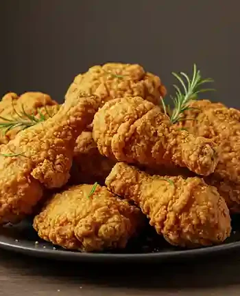 Frittiertes Hähnchen auf Holztisch arrangiert für das perfekte Frittieren Hähnchen.