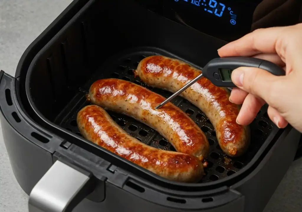 Überprüfung der Kerntemperatur der Bratwurst in der Heißluftfritteuse zubereiten.