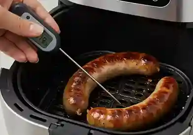 Bratwurst in der Heißluftfritteuse zubereiten. Überprüfung der Kerntemperatur der Bratwurst in der Heißluftfritteuse.