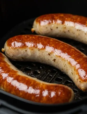 Gebratene Bratwürste in der Heißluftfritteuse zubereiten, perfekt goldbraun zubereitet.