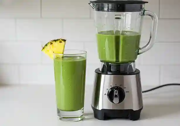 Ein moderner Mixer neben einem hohen Glas, beide gefüllt mit tropischem Spinat Smoothie.