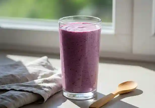 Morgenlicht beleuchtet einen cremigen lila Haferflocken-Frühstückssmoothie in einem hohen Glas.