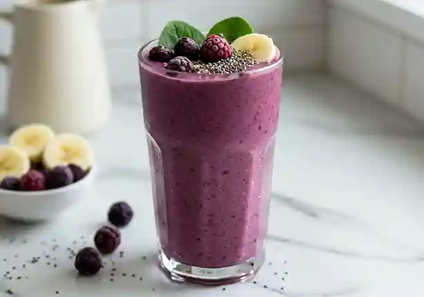 smoothie mit wasser statt milch : Ein edles Glas gefüllt mit einem tiefvioletten Smoothie, bereit zum Genießen.