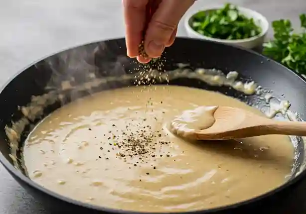 Sauce für schnitzel selber machen : Cremige Sauce wird mit Pfeffer und Muskatnuss abgeschmeckt – perfektioniert für Sauce für Schnitzel.