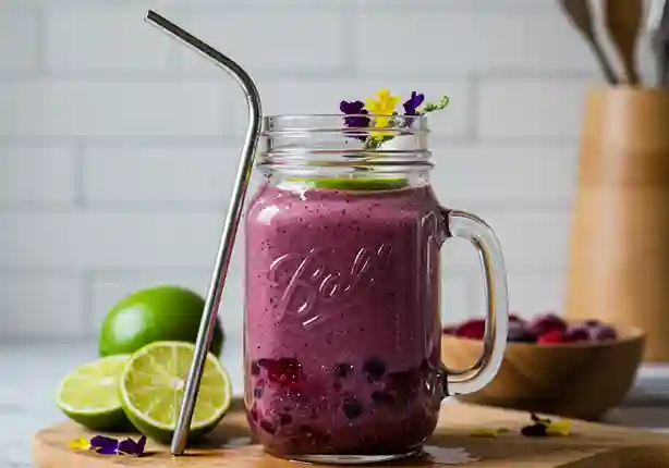 smoothie mit wasser statt milch: Lila Smoothie im rustikalen Einmachglas, serviert auf einem Schneidebrett.