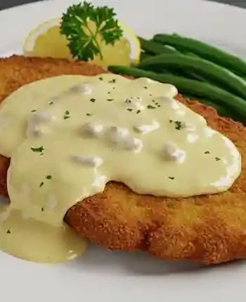 Sauce für schnitzel selber machen : Schnitzel mit cremiger Sauce für Schnitzel, serviert mit gedämpftem Gemüse und Zitrone.