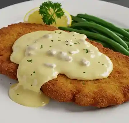 Sauce für schnitzel selber machen : Schnitzel mit cremiger Sauce für Schnitzel, serviert mit gedämpftem Gemüse und Zitrone.