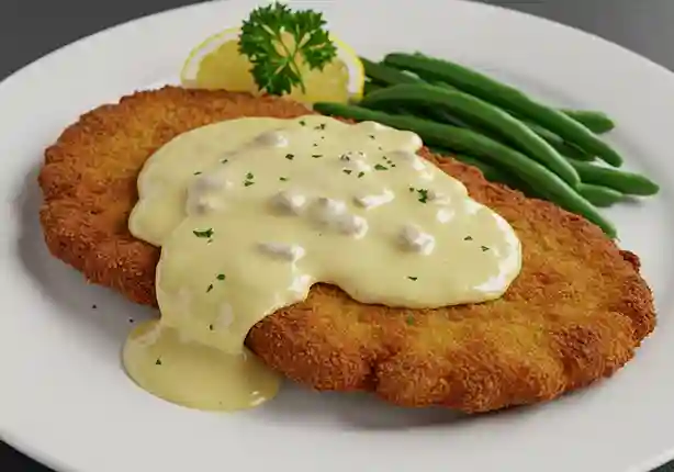 Sauce für schnitzel selber machen : Schnitzel mit cremiger Sauce für Schnitzel, serviert mit gedämpftem Gemüse und Zitrone.